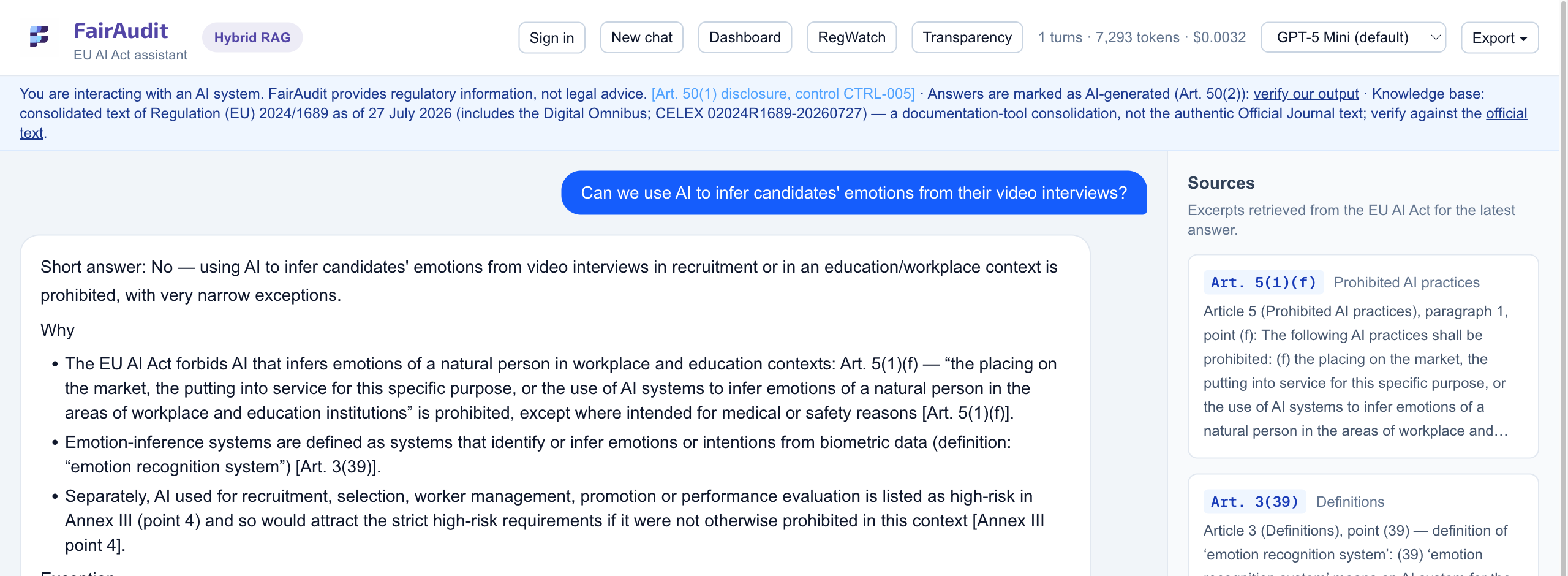 The assistant answering whether AI may infer candidates’ emotions from video interviews: no, citing Article 5(1)(f), Article 3(39) and Annex III point 4, with the retrieved passages beside the answer.