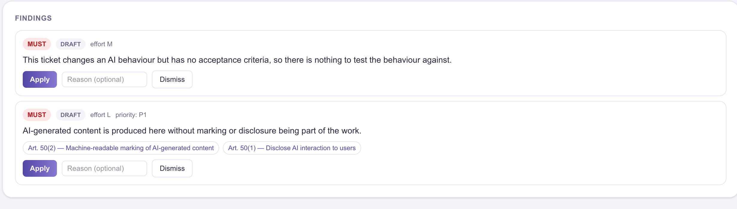 Two suggestions from Flow. The second is tied to Article 50(2) and Article 50(1), with Apply and Dismiss buttons.