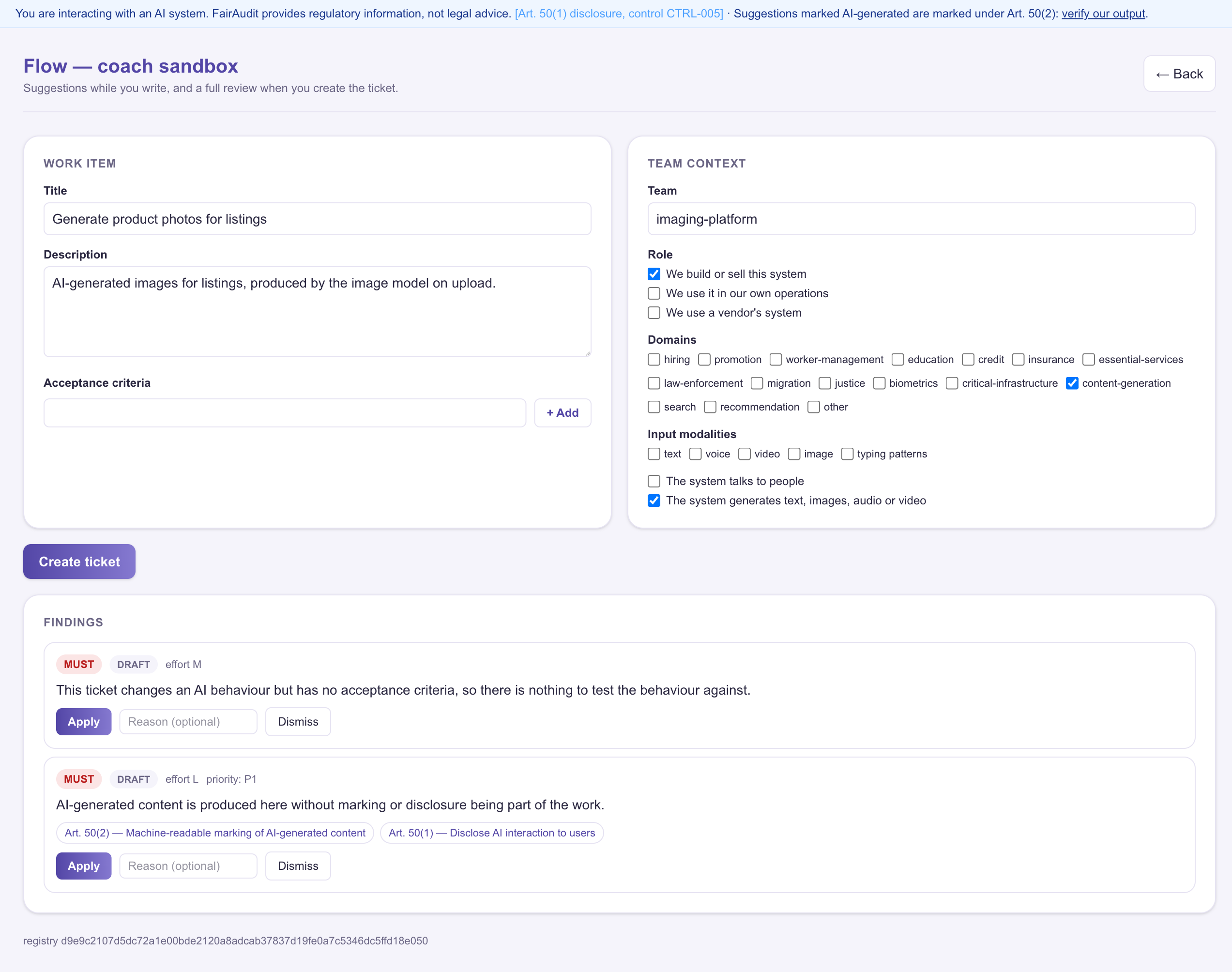 A ticket about generating product photos. Flow shows two suggestions marked draft, one with the chips Article 50(2) and Article 50(1).