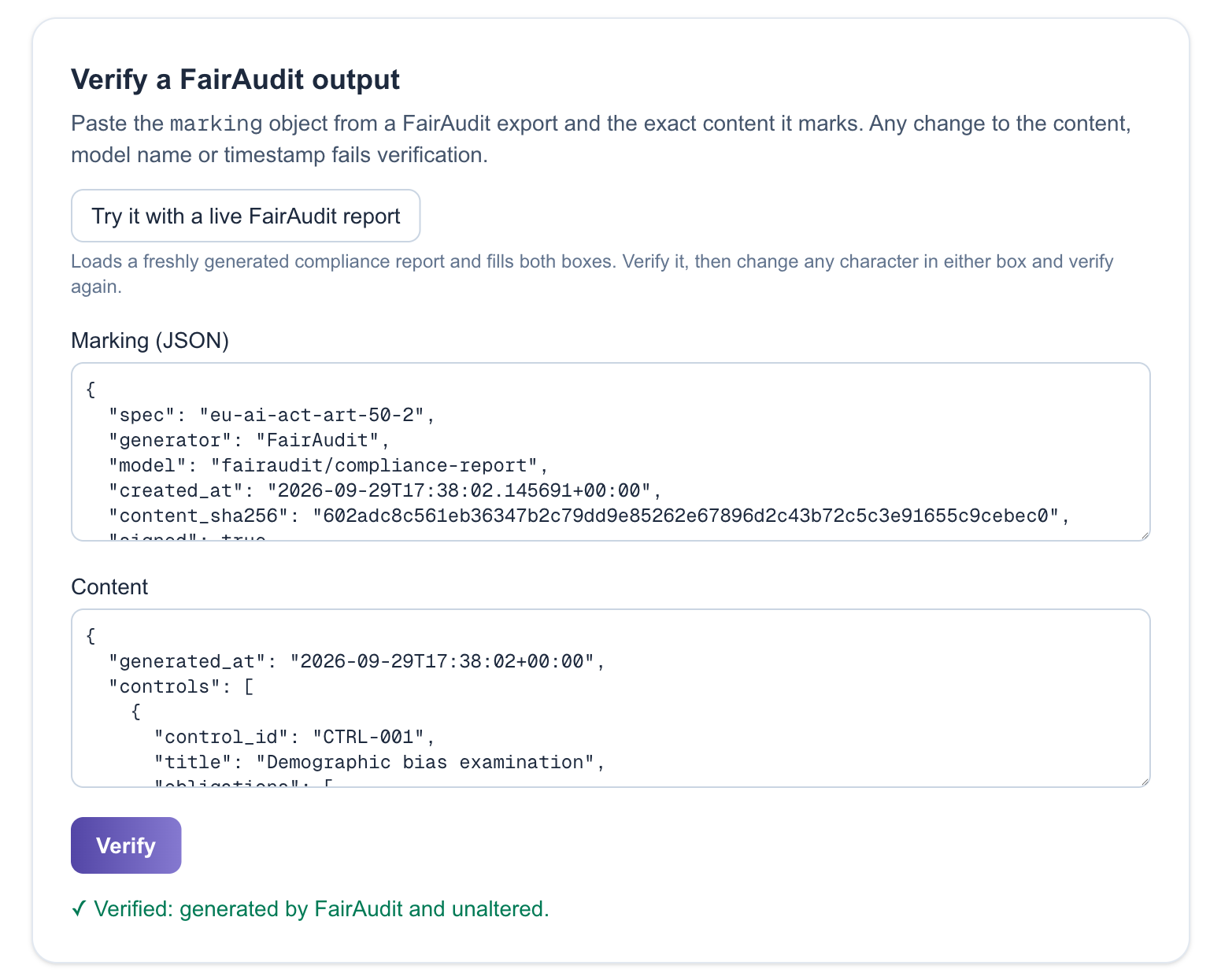 The verify tool on FairAudit’s transparency page, with a live report loaded and the result: verified, generated by FairAudit and unaltered.